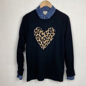 NWT J.Crew S Factory Teddie Sweater Black Animal Leopard Print Heart Intarsia